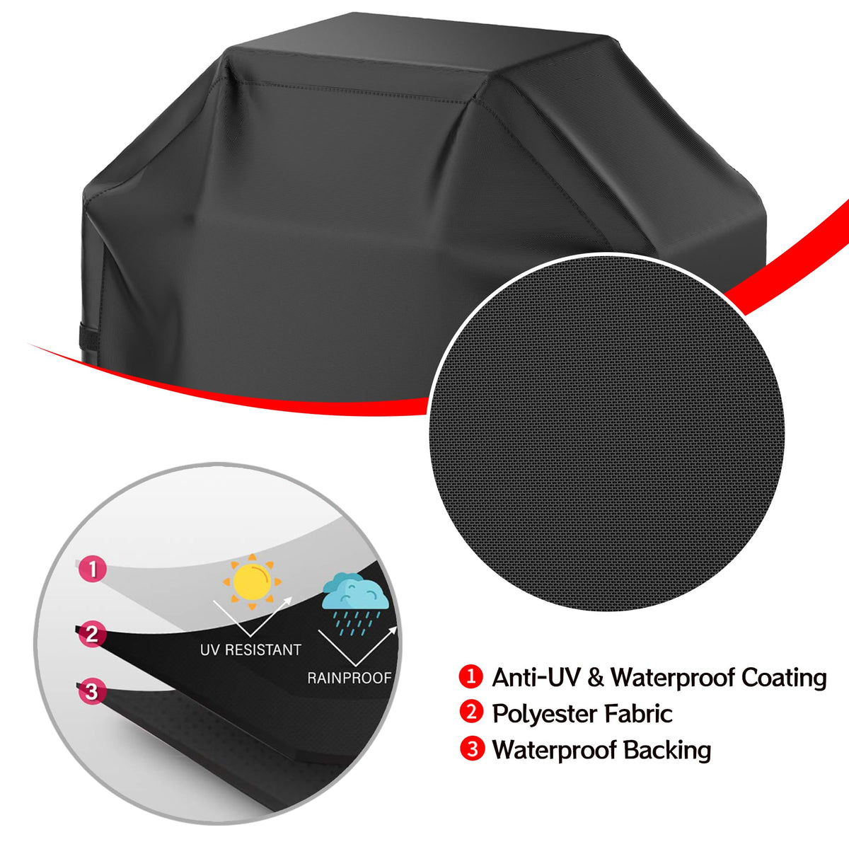 VIBOOS Waterproof BBQ Grill Cover, 48 in, Black
