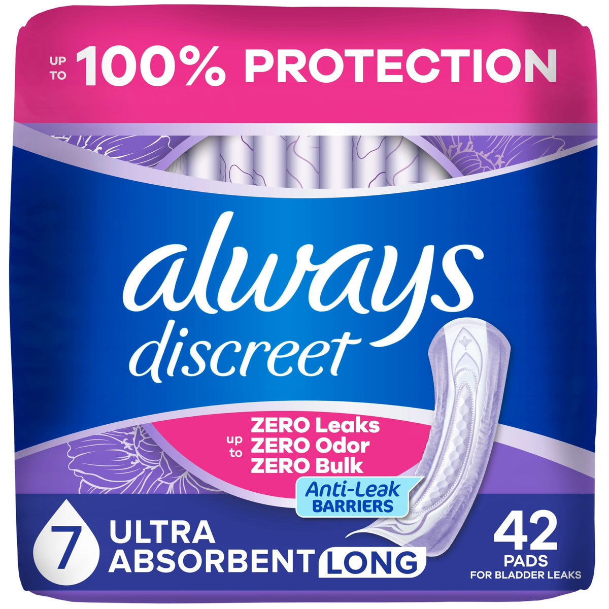 Always Discreet Adult Incontinence Pads for Women, Long, 42 Count