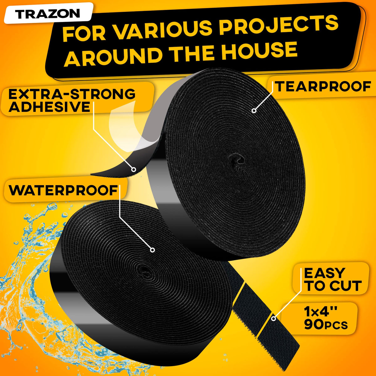 Heavy Duty Adhesive Hook and Loop Tape, Black, 1" x 30 ft