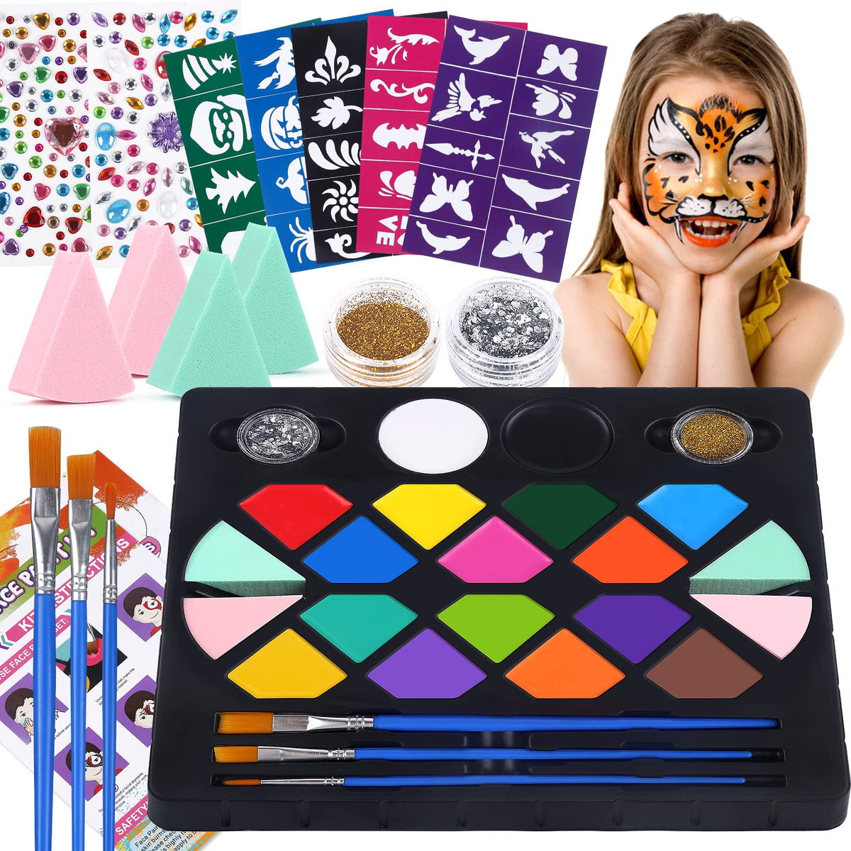 BOBISUKA Water-Based Face Paint Kit for Kids, 16 Colours