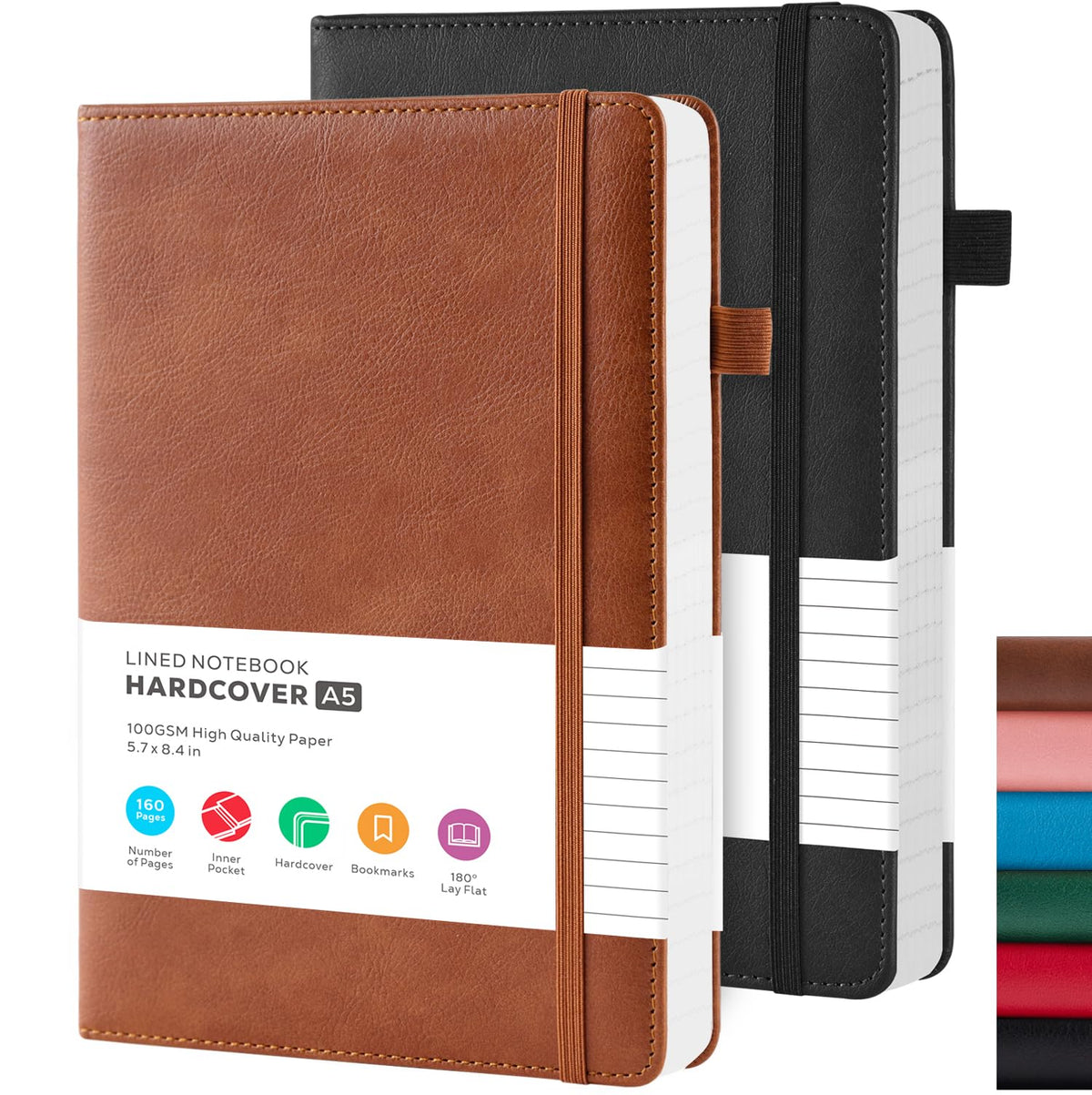 FOCUS DAY Hardcover A5 Lined Journals, Brown & Black, 2-Pack