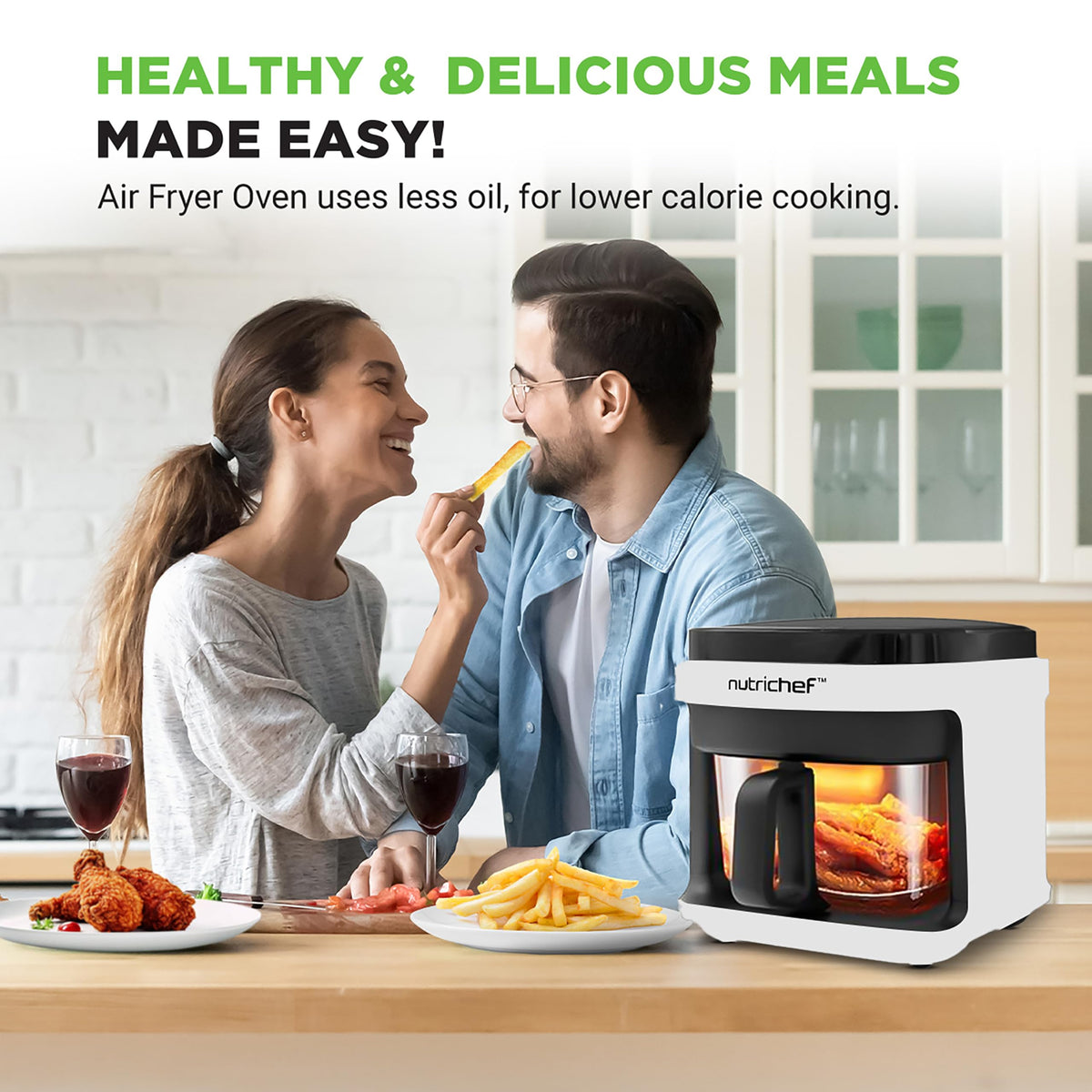 NutriChef 5.8 Quart Air Fryer, 8 Preset Cook Modes, White