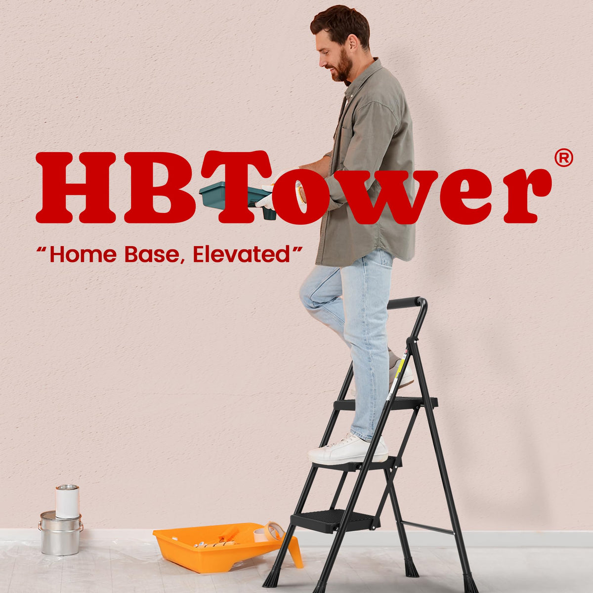 HBTower 3 Step Folding Steel Ladder, 500 lb, Black