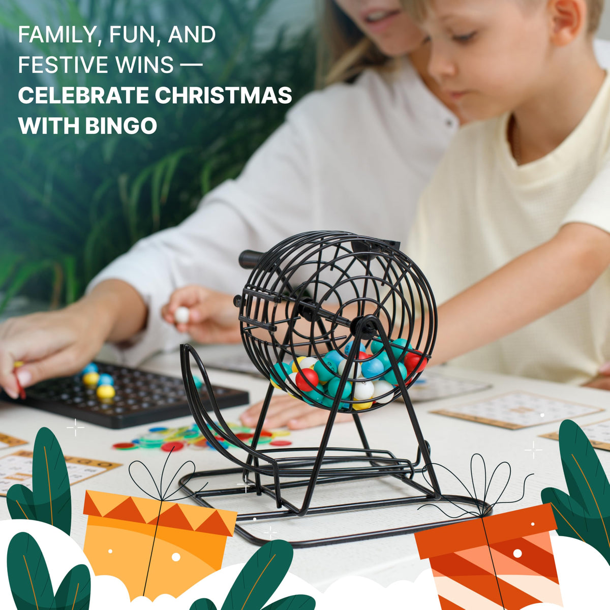 Queensell Bingo Game Set with Metal Cage, Balls & Cards