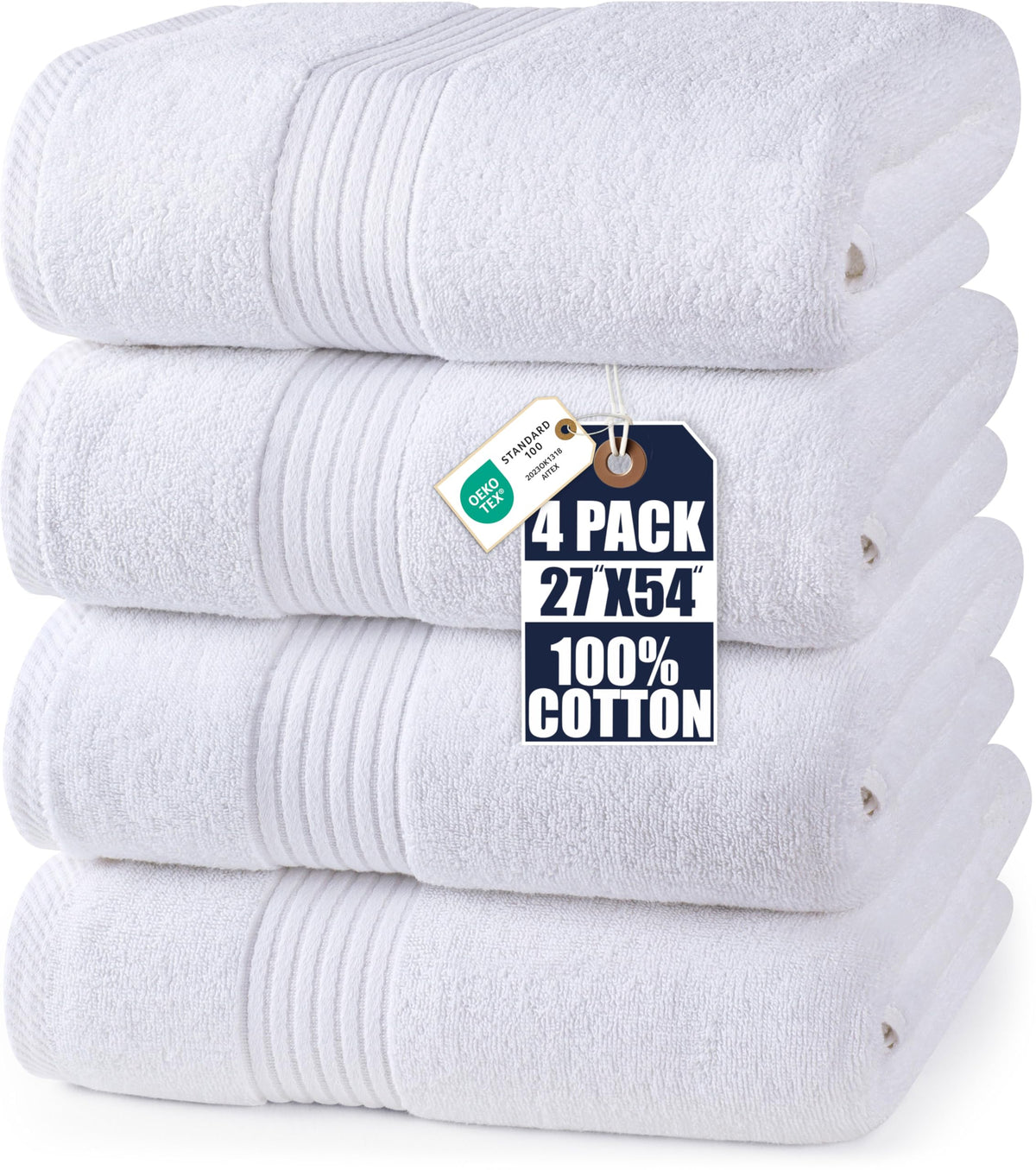 Utopia Towels Cotton Bath Towels, 27 x 54 in, White, 4-Pack