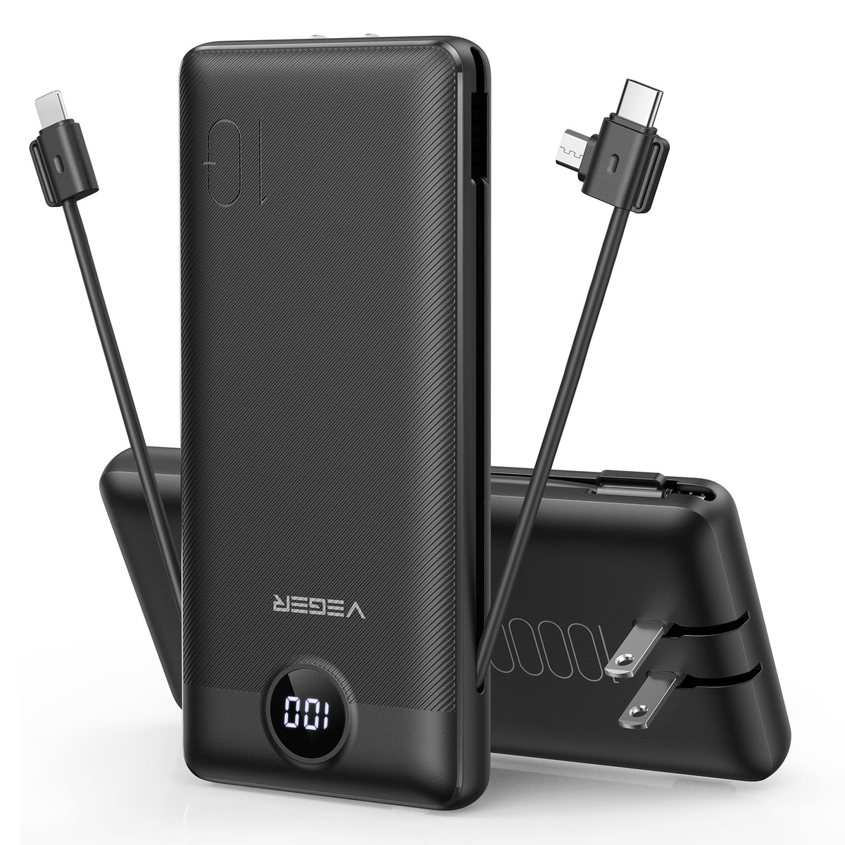 VEGER Portable Charger with Built-in Cables, 10000mAh, Black