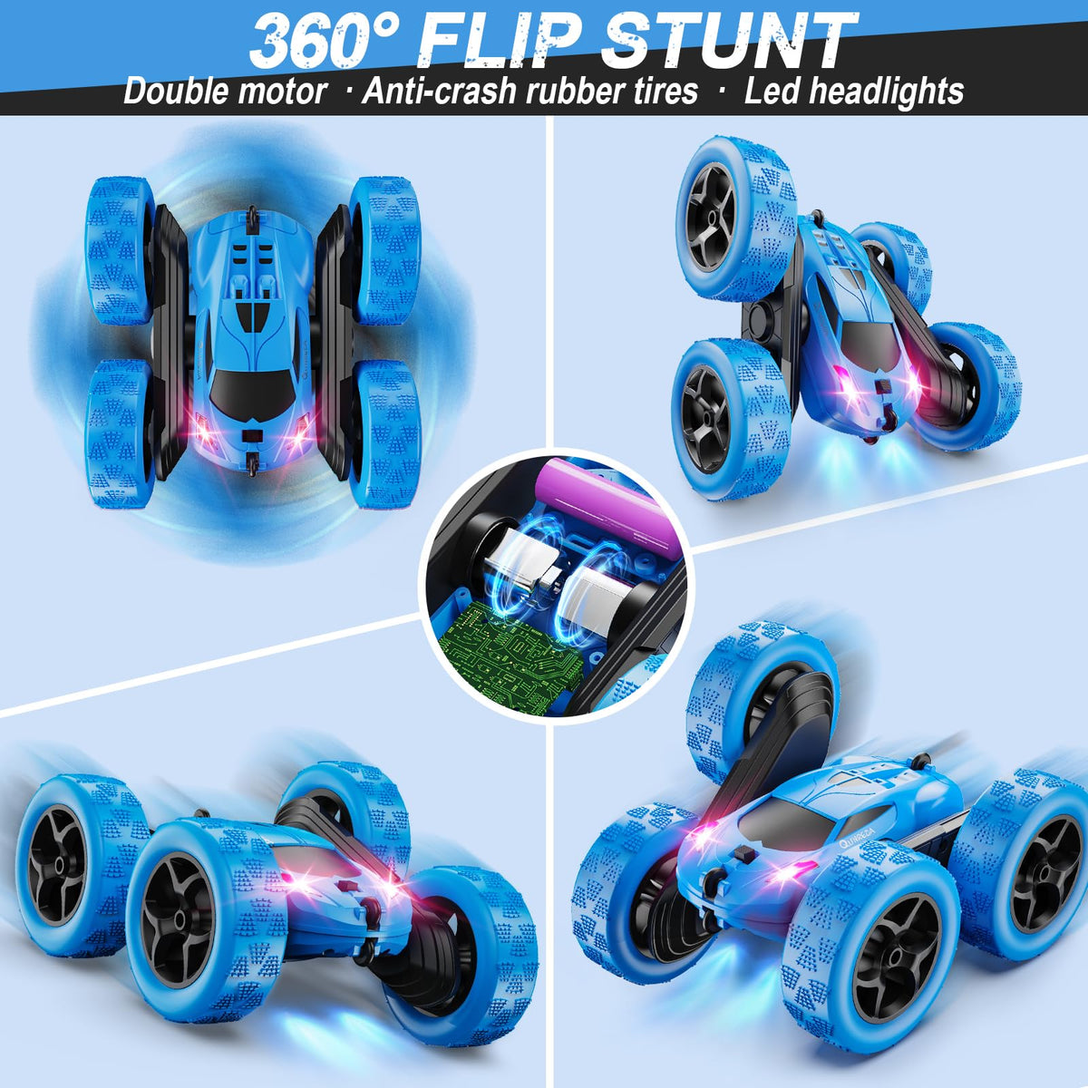QUNREDA 4WD Double-Sided Stunt RC Car with Headlights, Blue
