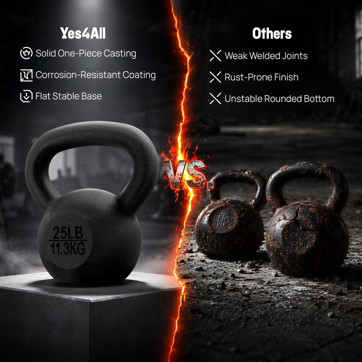 Yes4All Solid Cast Iron Kettlebell, 25 lbs, Black