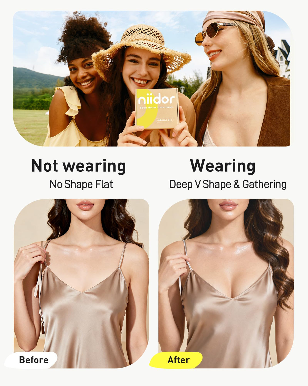 Niidor Strapless Adhesive Silicone Bra with Nipple Covers, Nude, C