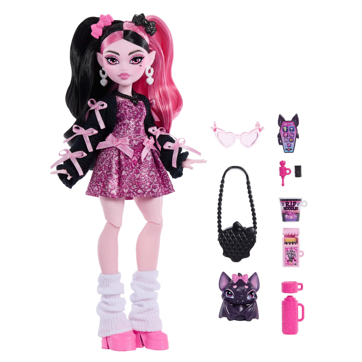 Monster High Draculaura Doll, Pink Bow Dress, with Pet Bat