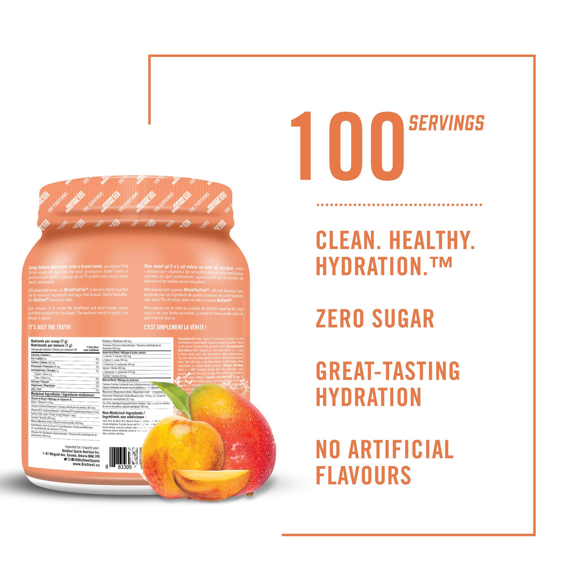 BioSteel Zero Sugar Hydration Mix, Peach Mango, 100 Servings