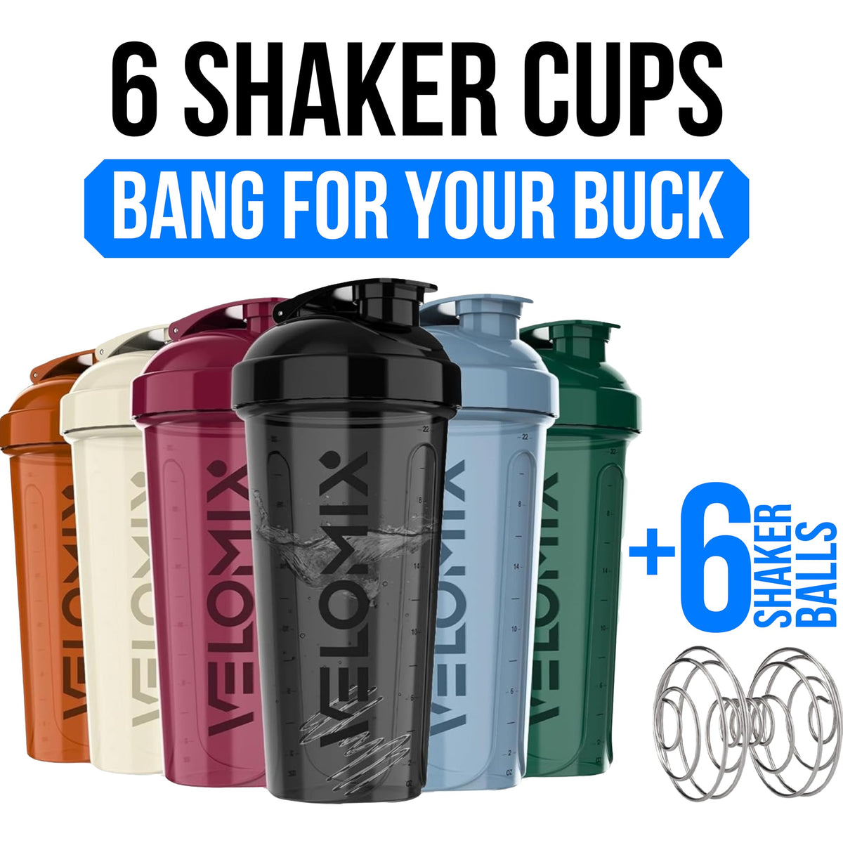 Protein Shaker Cups, 28 oz, 6 Pack, with Wire Whisk, Multicolor
