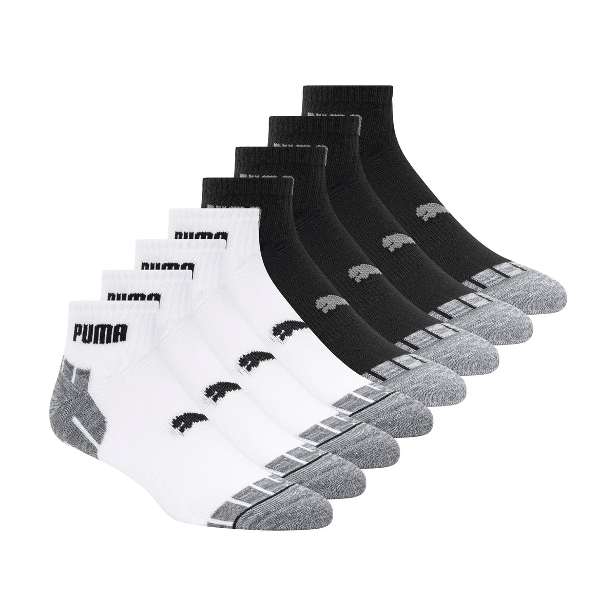Puma Men's Athletic Cushioned Quarter Crew Socks, White/Grey, 8 Pack