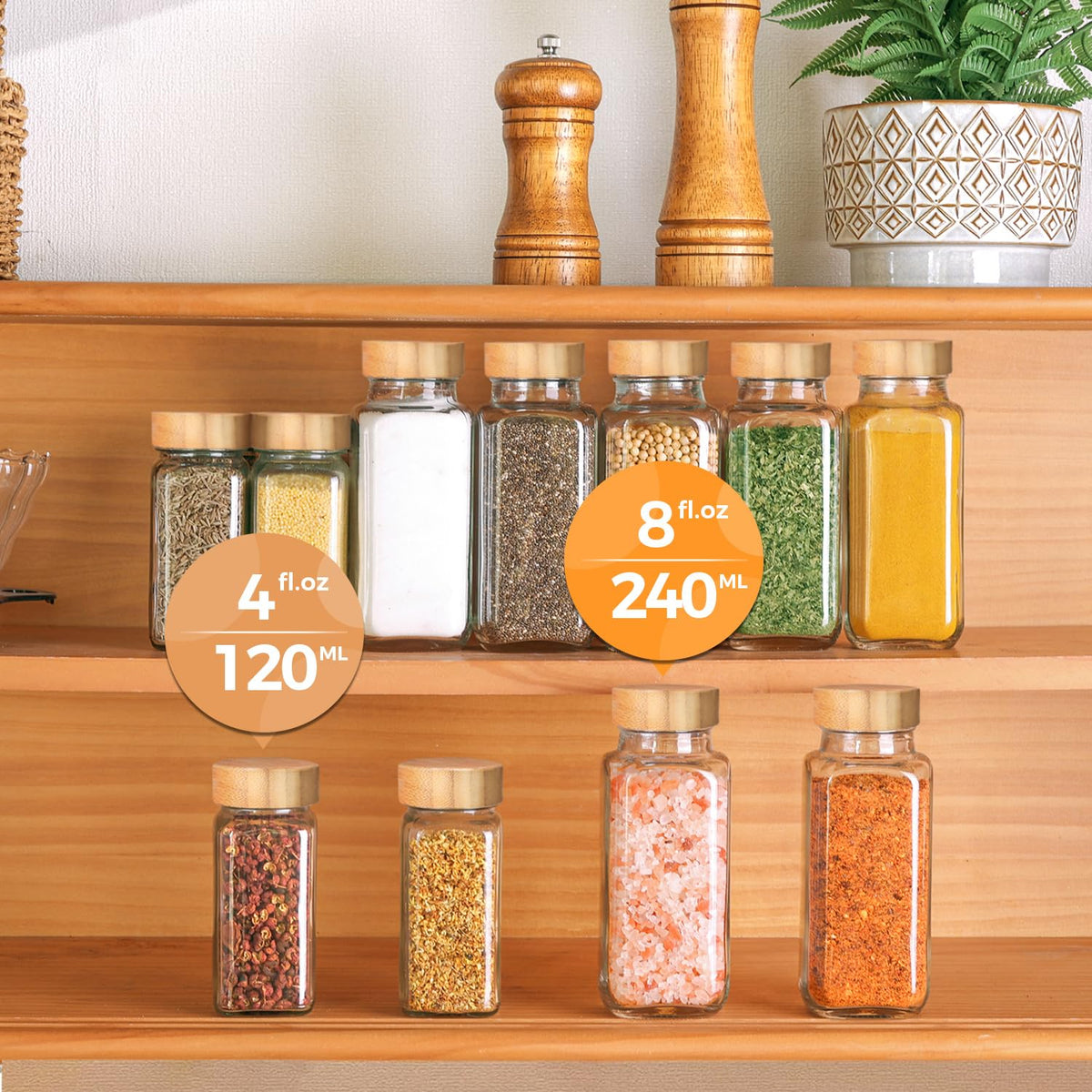 ComSaf Glass Spice Jars with Bamboo Lids, 24 Piece Set