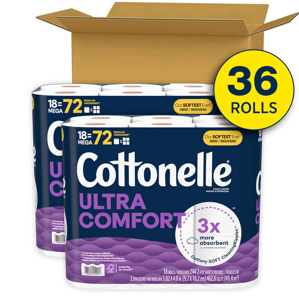 Cottonelle Ultra Soft Toilet Paper, 36 Mega Rolls (2 Packs of 18)