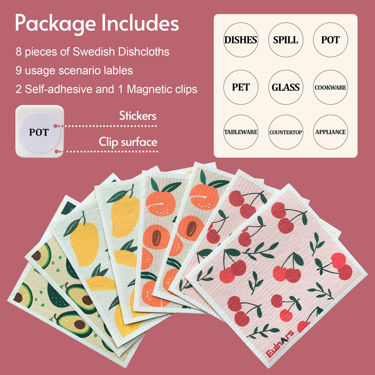 Eulnars Swedish Dish Cloths, 8 Pack, with 3 Clips