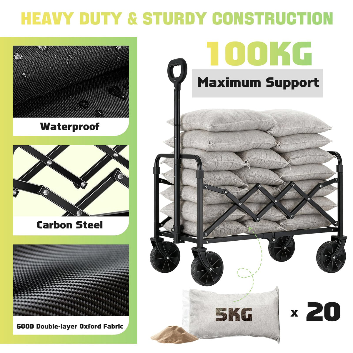 Collapsible Folding Utility Wagon Cart, 100 kg, Black