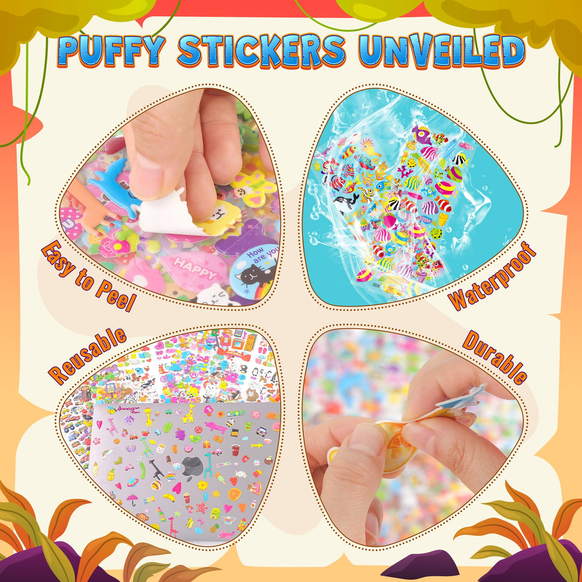 3D Puffy Stickers for Kids, 64 Sheets (3200+ Stickers)