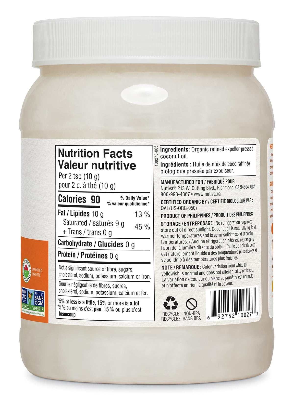 Nutiva Organic Steam-Refined Coconut Oil, 1.6L