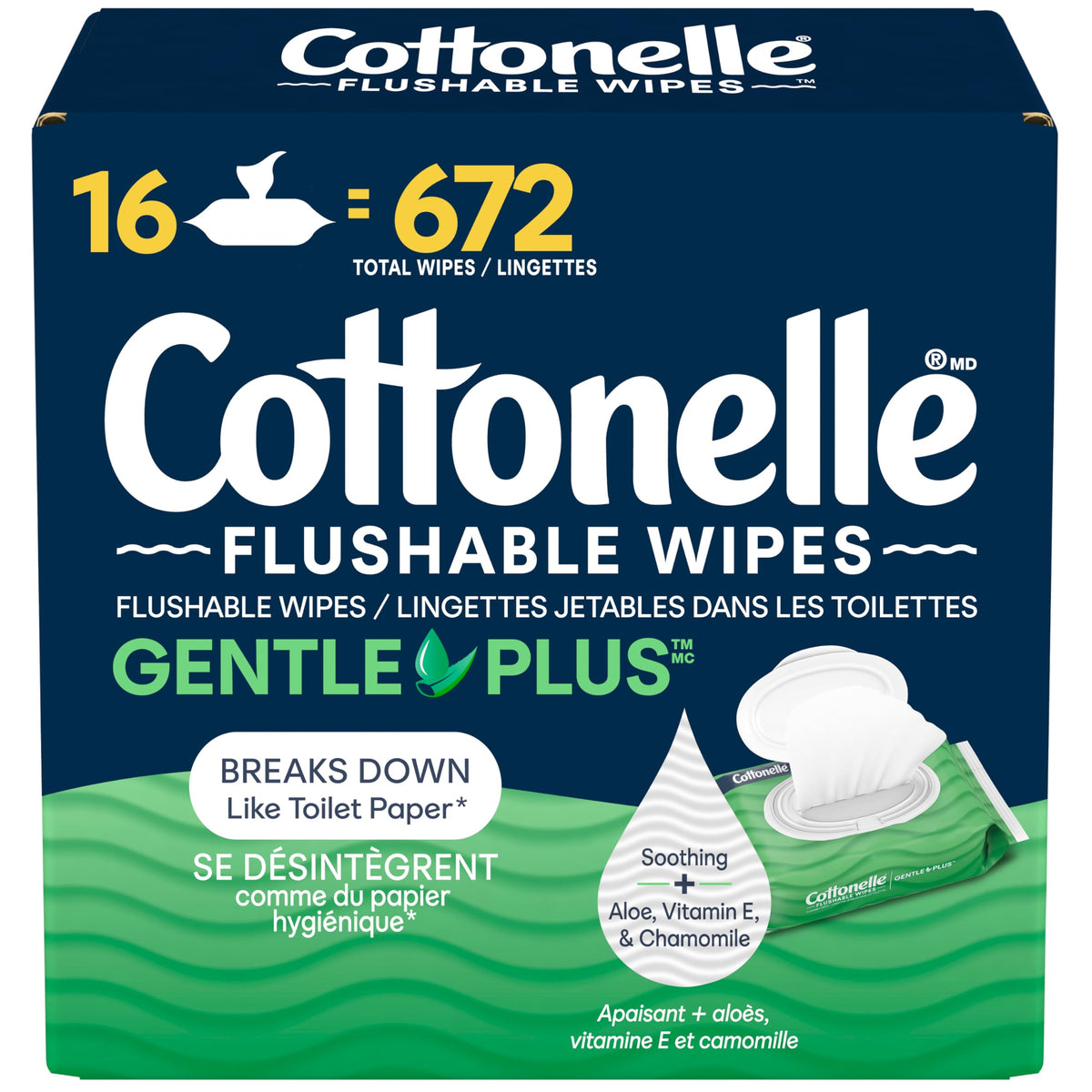 Cottonelle GentlePlus Flushable Wet Wipes, 16 Packs of 42 (672 Wipes)