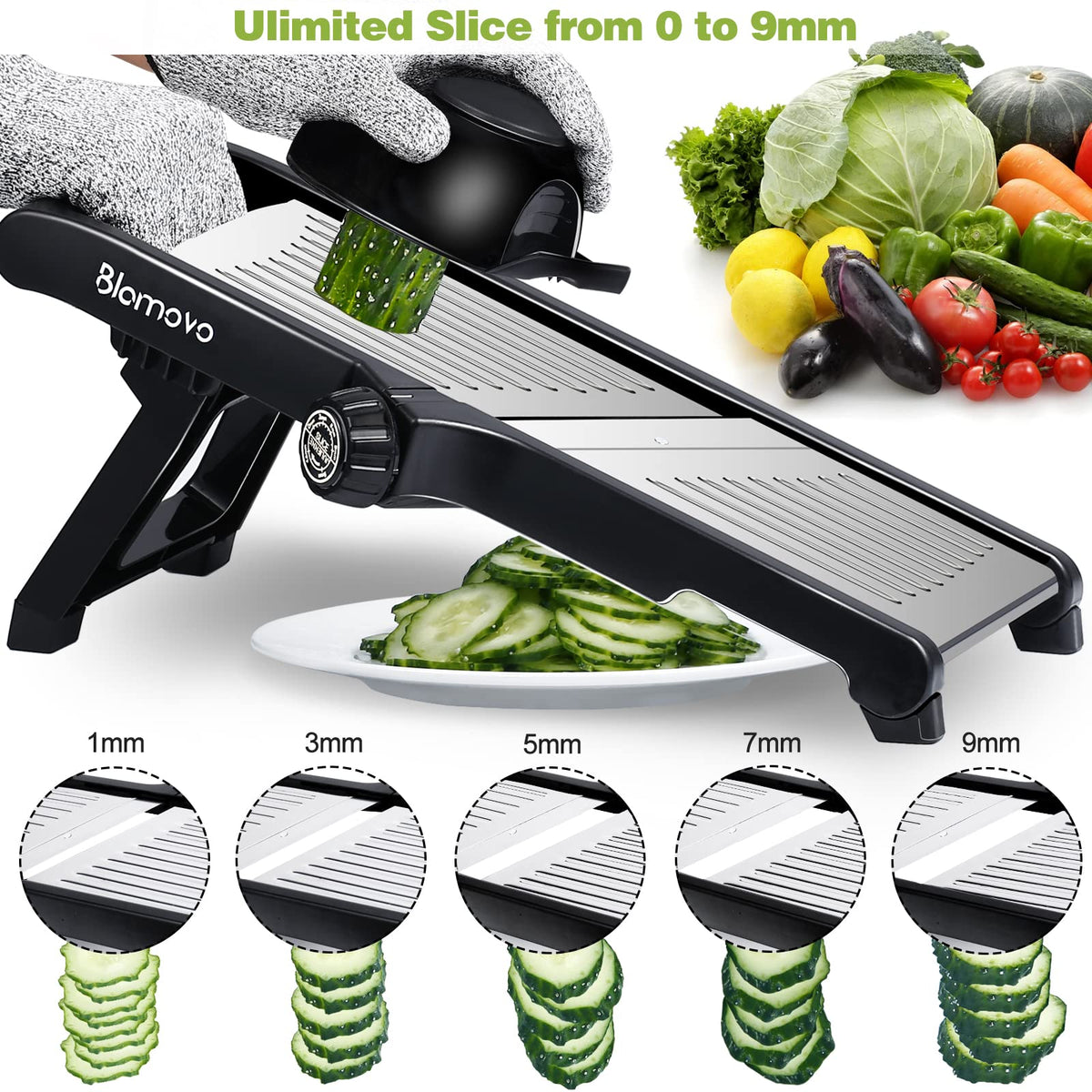 Blamovo Mandoline Slicer with Adjustable Thickness and Safety Gloves