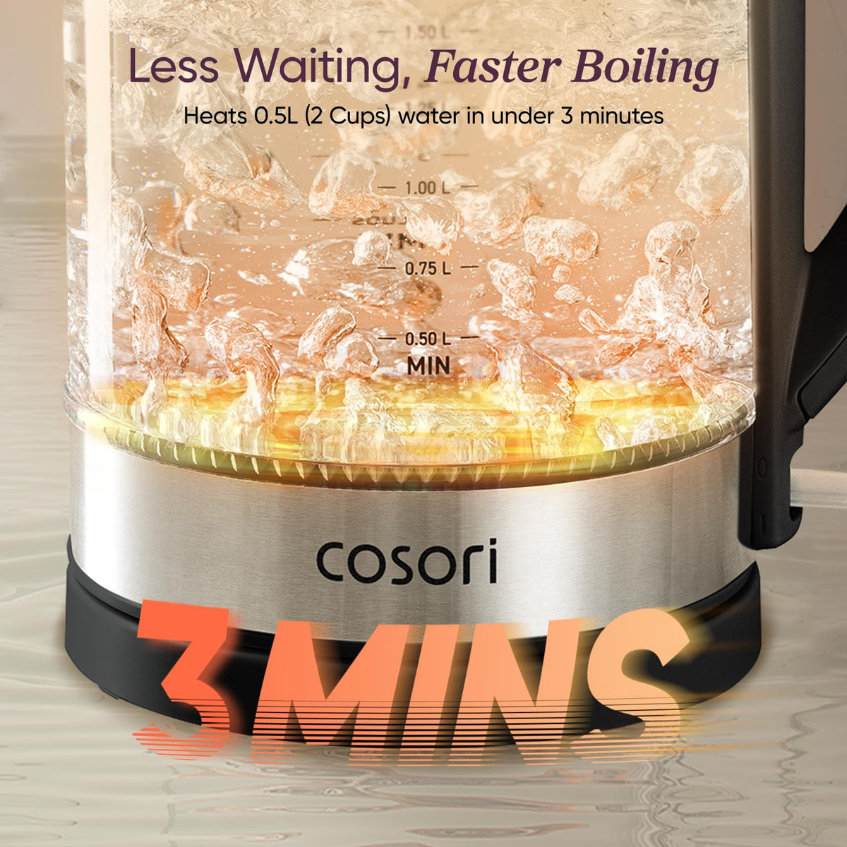 Cosori Glass Electric Kettle, 1.7 L, 1500 W, Black