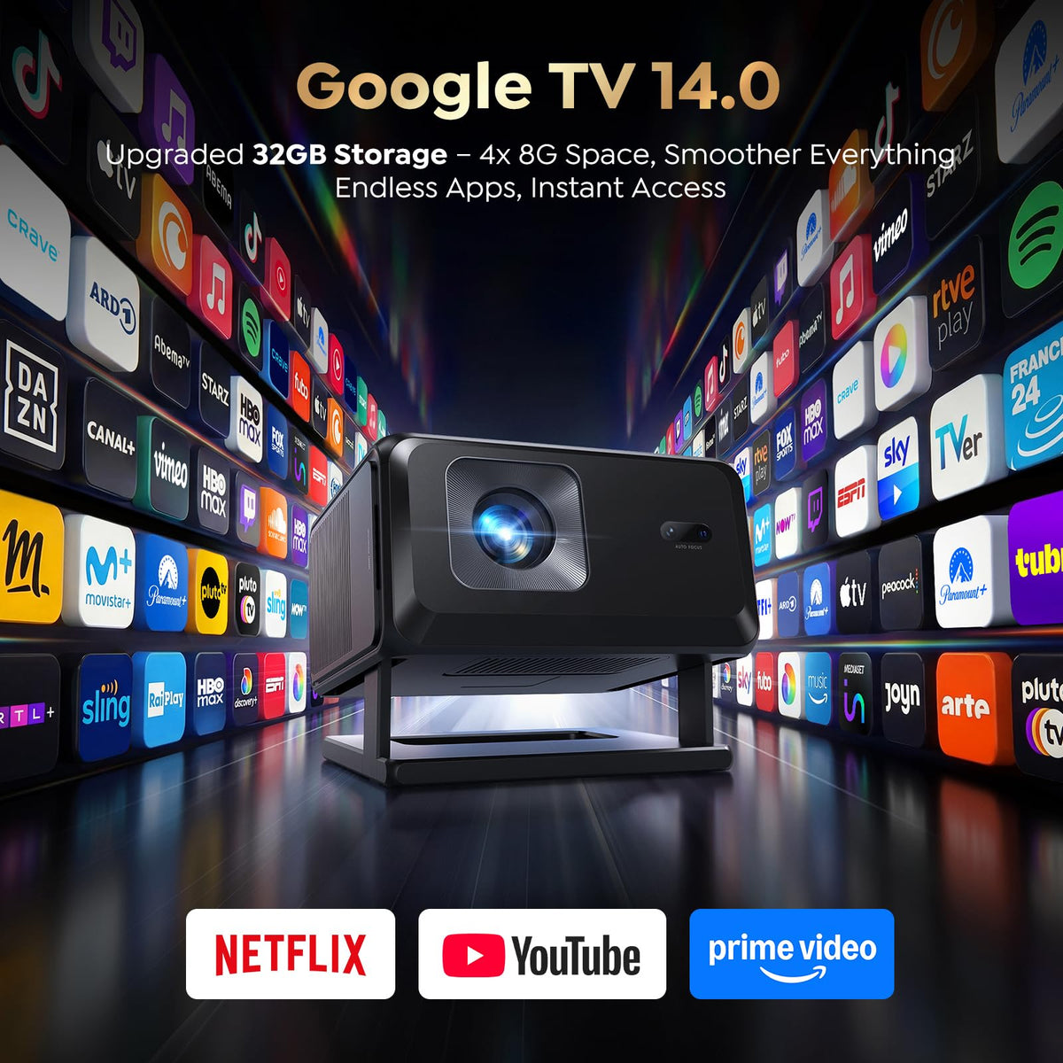 Smart 4K Short Throw Mini Projector, Google TV, Auto Focus, WiFi