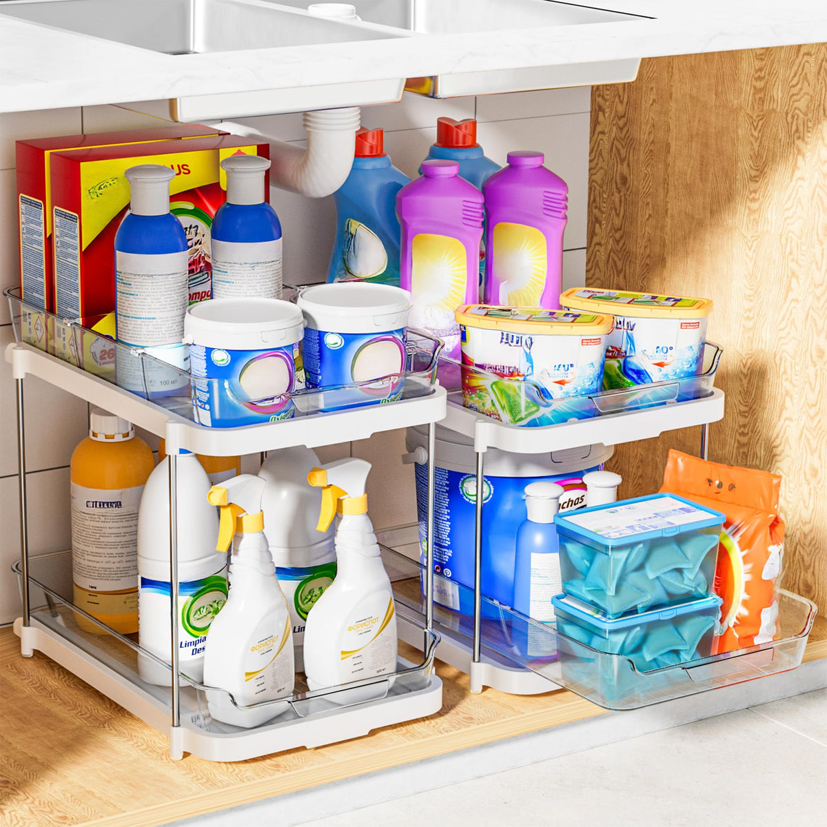 Delamu 2-Tier Under Sink Organizer with Dividers, White, 2 Pack