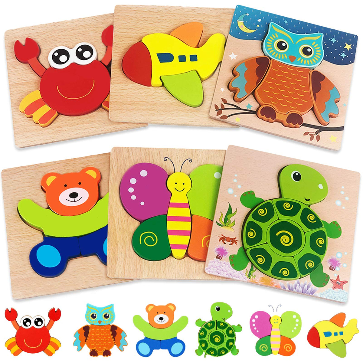 Gojmzo Wooden Animal Puzzles for Toddlers (6 Pack)
