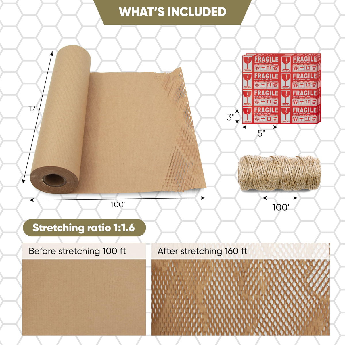 ecoducer Honeycomb Packing Paper Roll, 12" x 100'