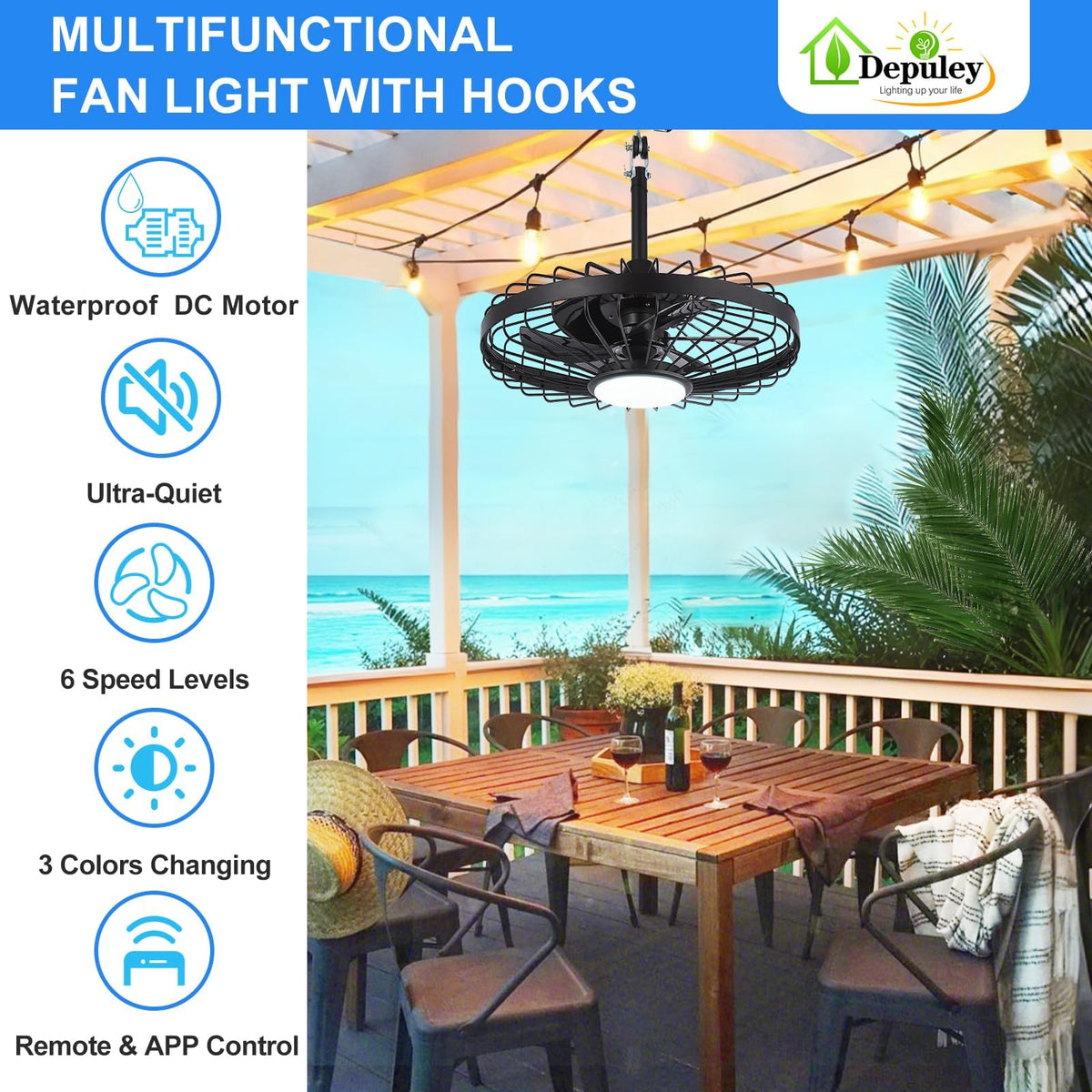 Depuley Outdoor Ceiling Fan with Light: 20 Inch Waterproof Gazebo Fans