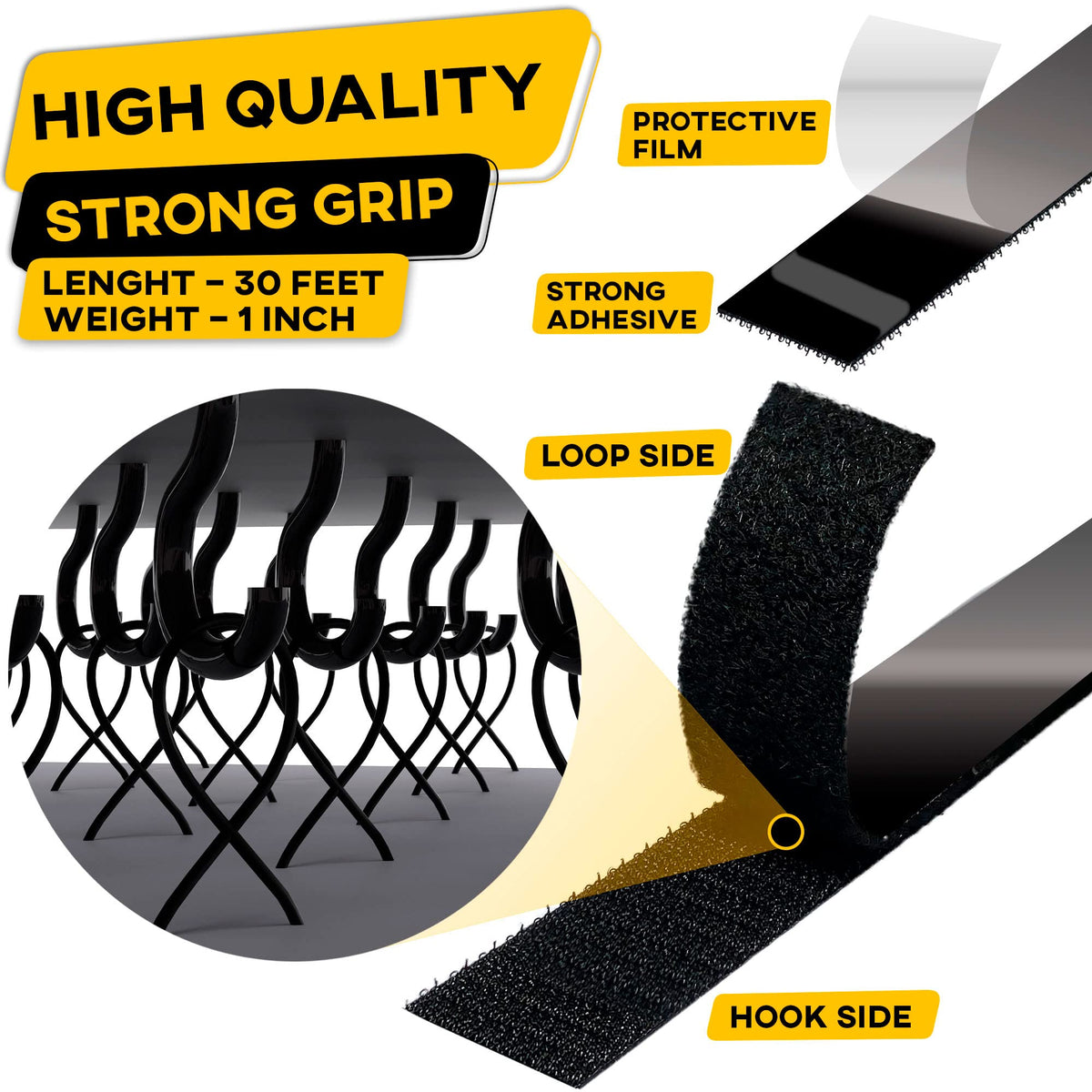Heavy Duty Adhesive Hook and Loop Tape, Black, 1" x 30 ft