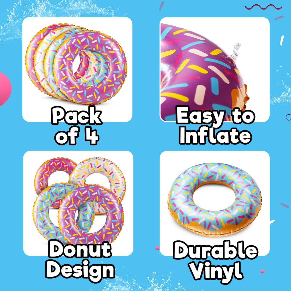 Inflatable Donut Pool Floats, 24" (4 Pack)