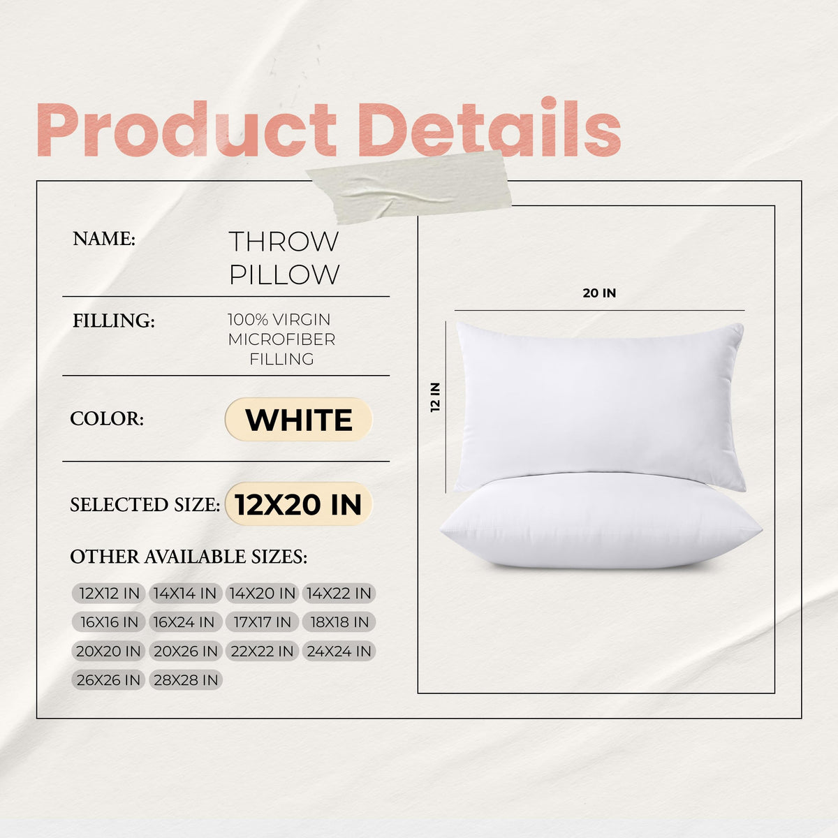 Utopia Bedding Throw Pillow Inserts, 12 x 20 in, 2-Pack, White