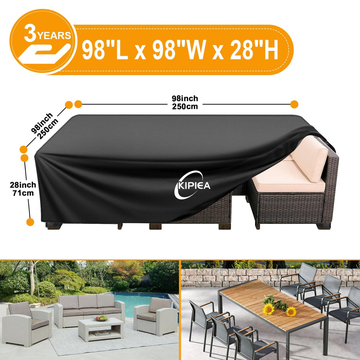 Kipiea Waterproof Rectangular Patio Furniture Cover, 98 x 98 x 28 in