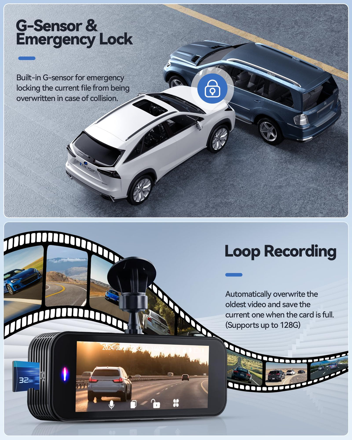 Kyltoor A4 4K Front and Rear Dash Cam with Wi-Fi, 32GB