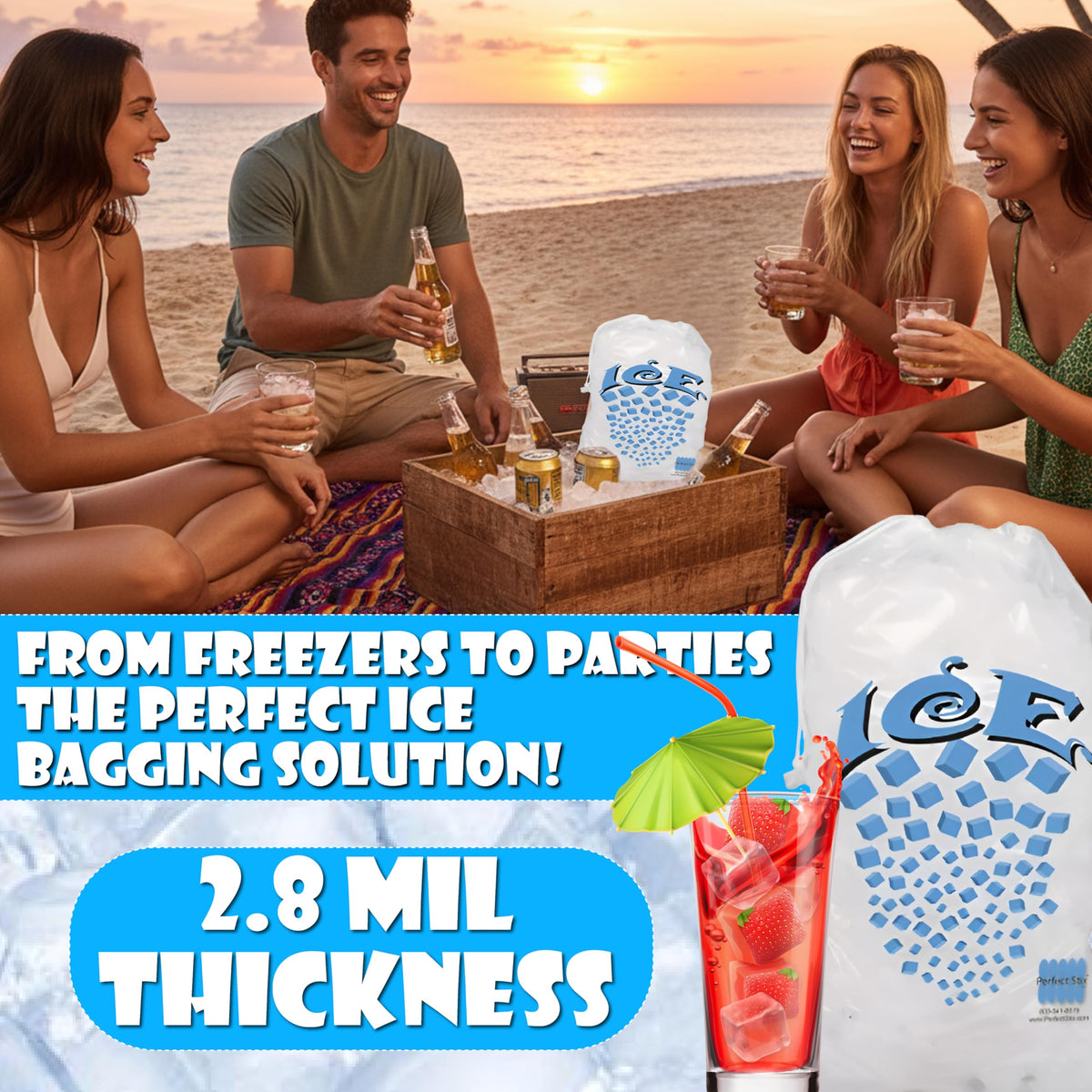 Concession Essentials Drawstring Ice Bags, 8 lb, Pack of 100