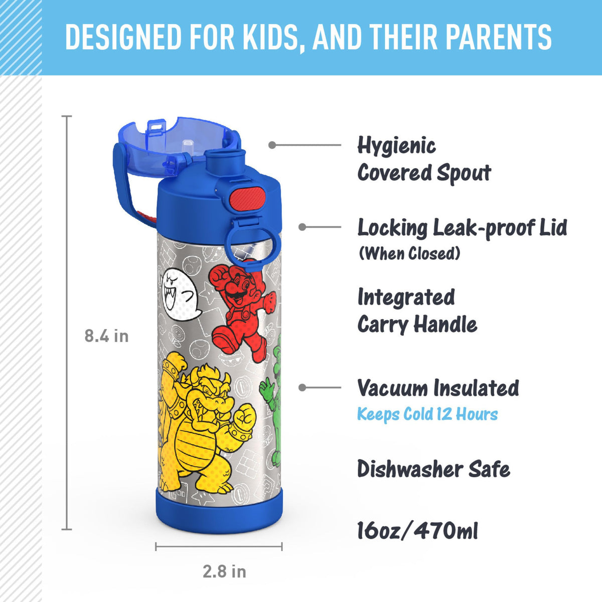 Thermos Funtainer Water Bottle with Spout, 16oz, Mario