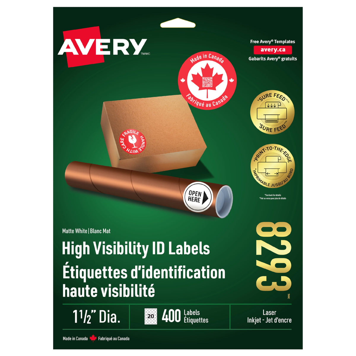 Avery High Visibility Round Labels, 1.5 in, White, 400 Labels, 8293