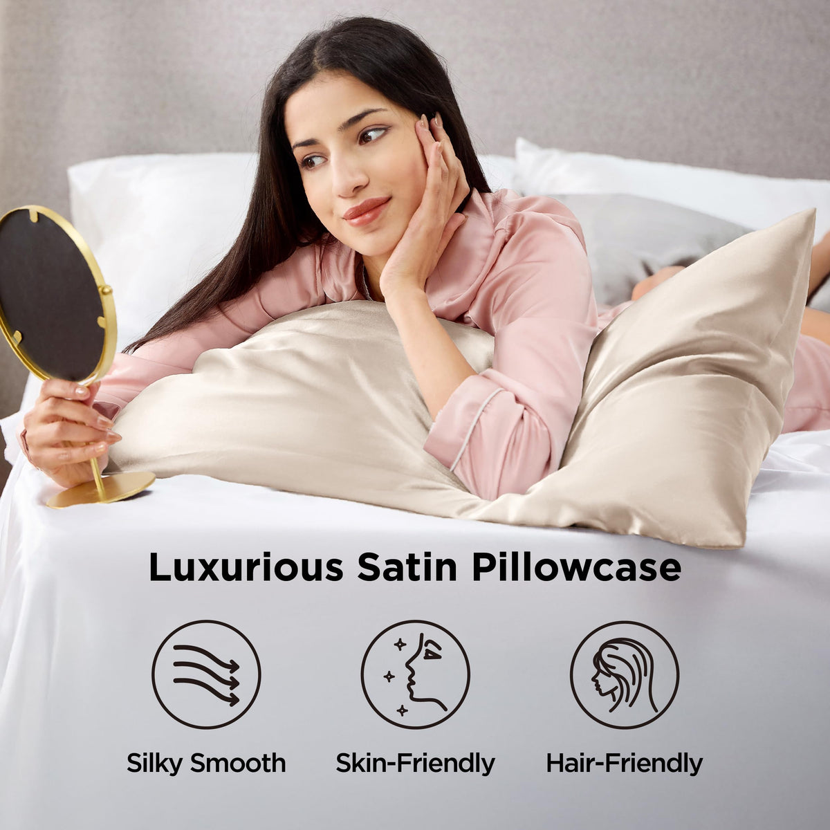 Bedsure Satin Pillowcases, Queen, Beige, 2 Pack