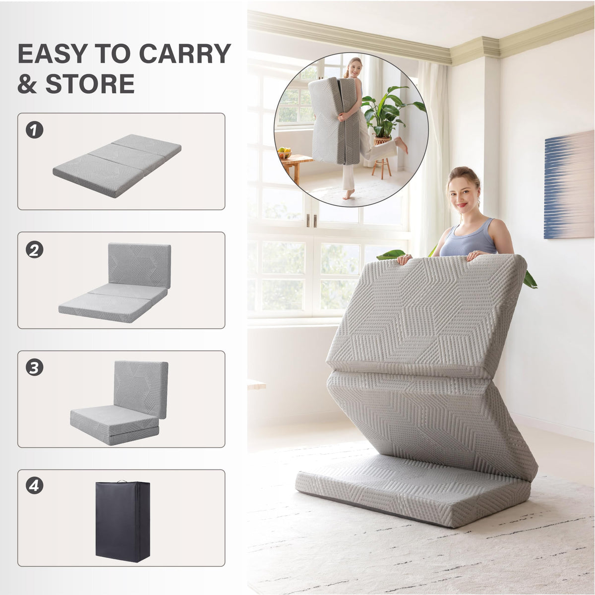 Tri-Fold Memory Foam Mattress, 4 inch, 75" x 25" x 4", Grey