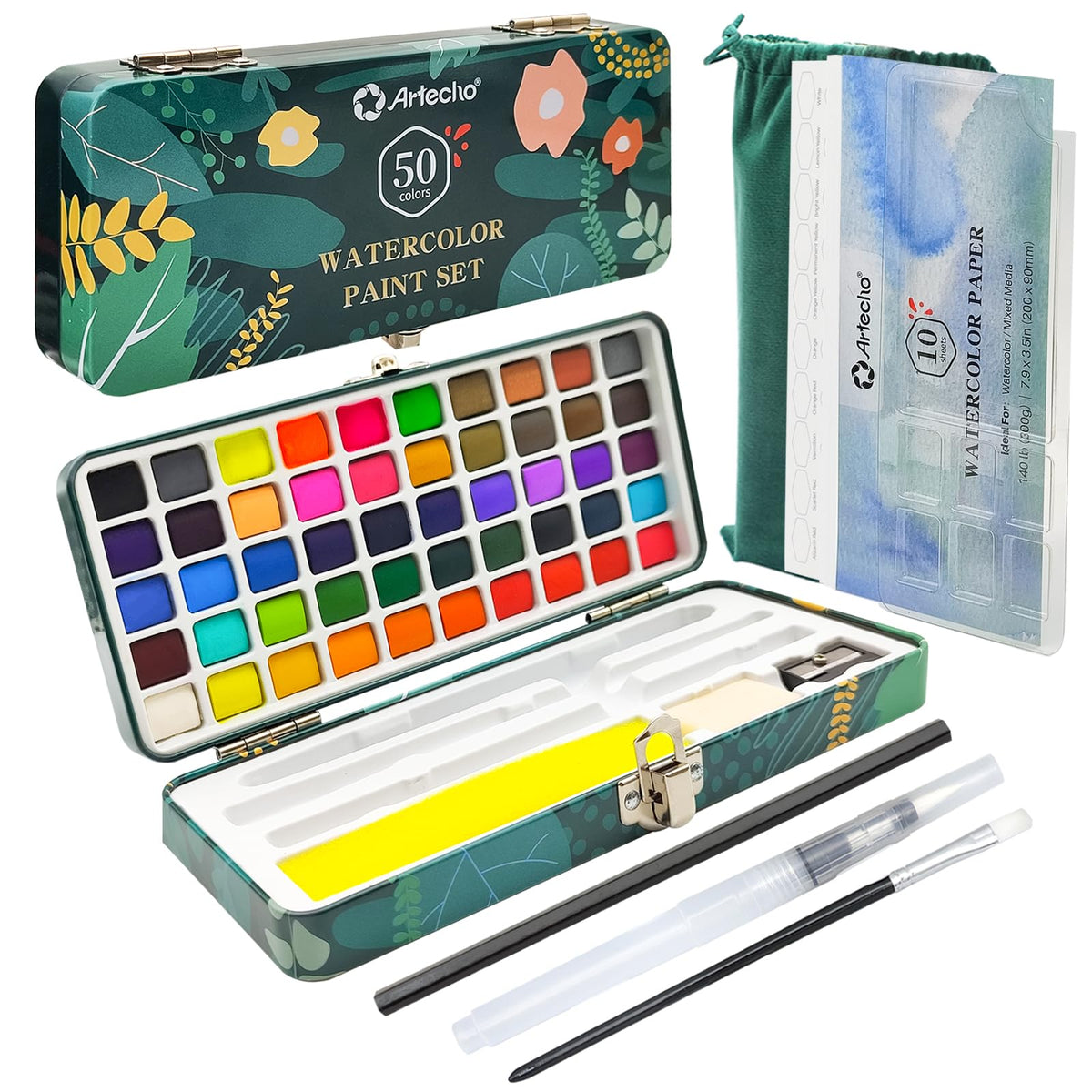 Artecho Watercolour Paint Set, 50 Colours, Portable Box