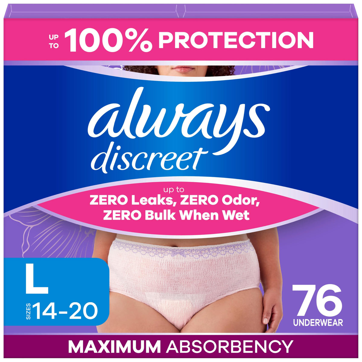 Always Discreet Adult Incontinence Underwear for Women, L, 76 Count