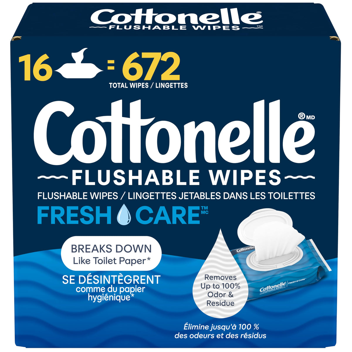 Cottonelle FreshCare Flushable Wet Wipes, 16 Packs of 42, 672 Wipes