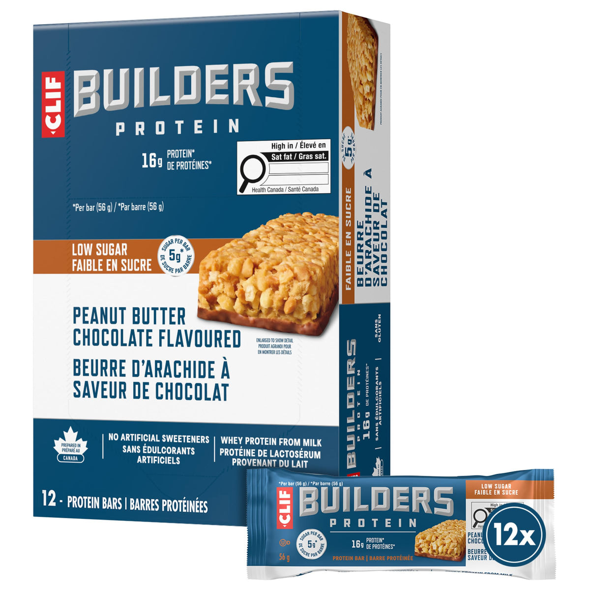 CLIF Builders Low Sugar Protein Bar, Peanut Butter Chocolate, 12 Pack
