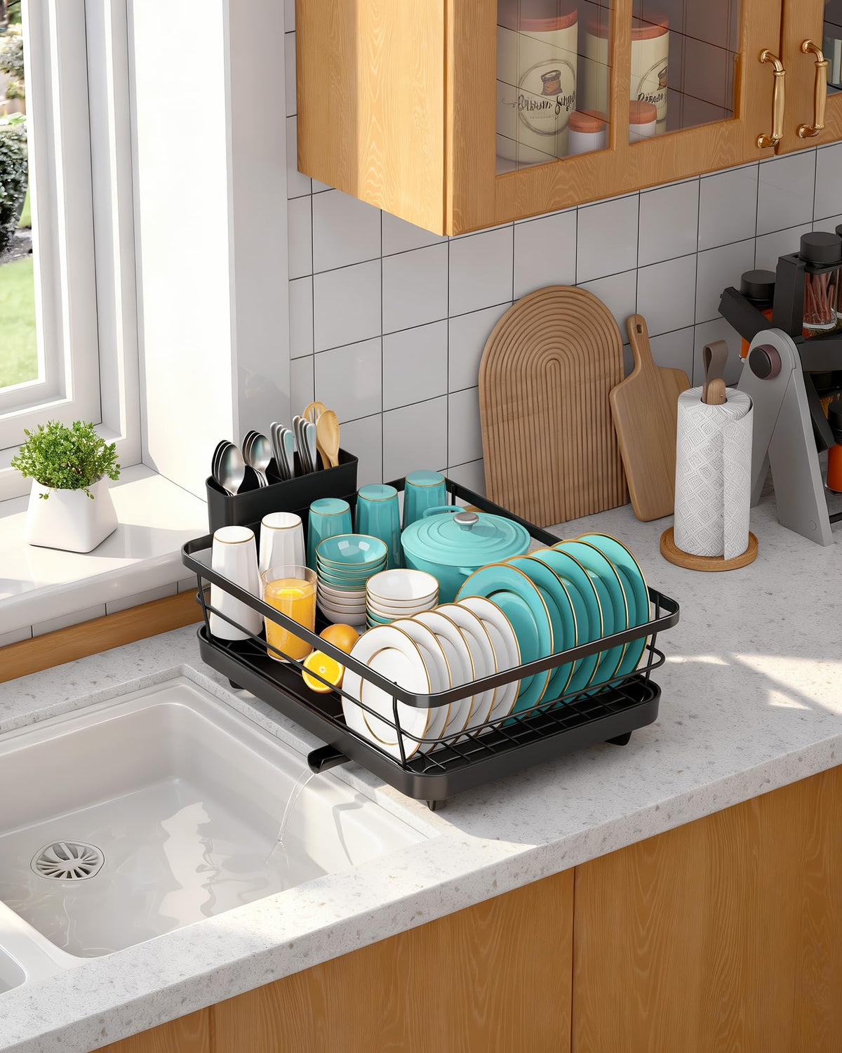 Sakugi Stainless Steel Dish Drying Rack with Drain Board, Black, Large