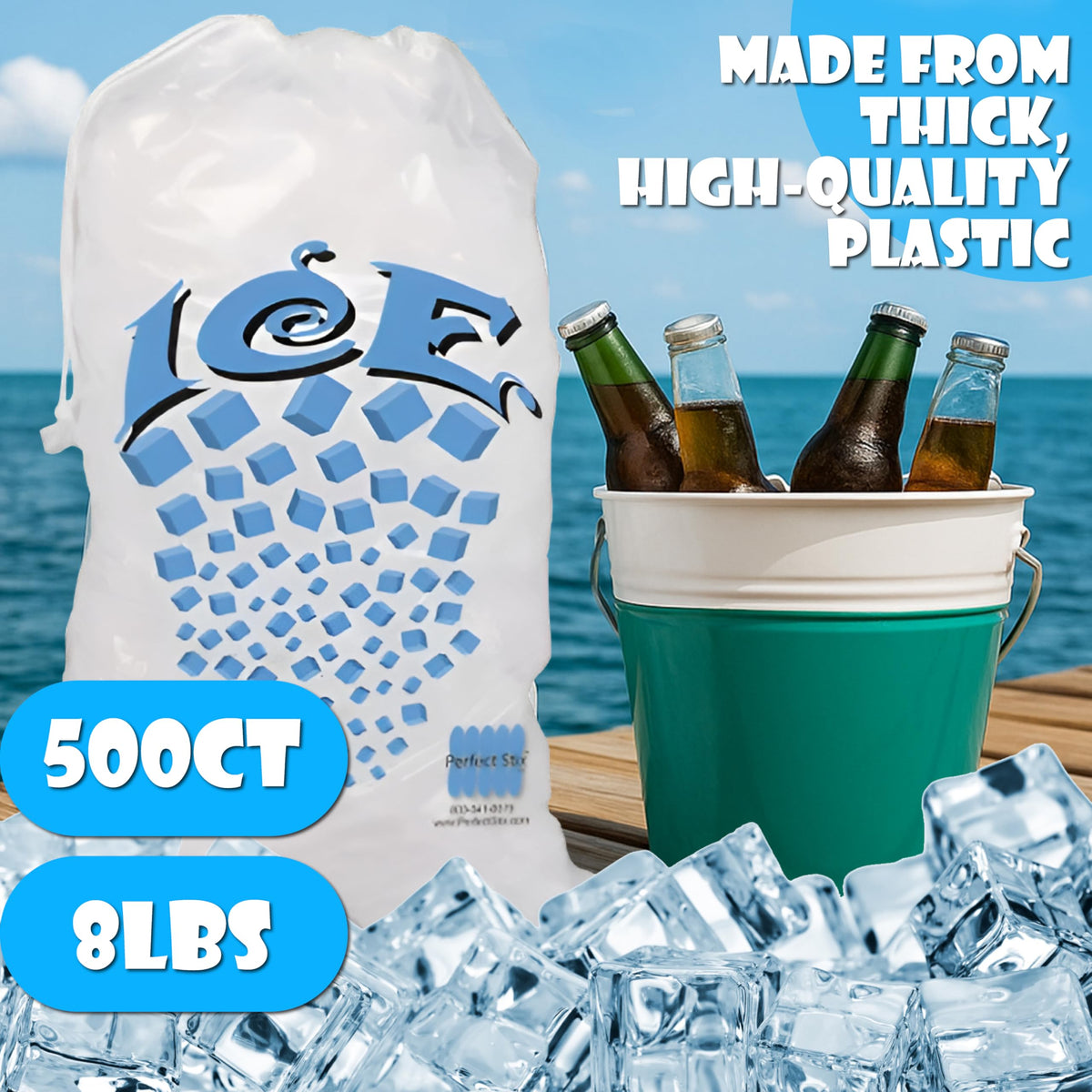 Concession Essentials Drawstring Ice Bags, 8 lb, Pack of 100