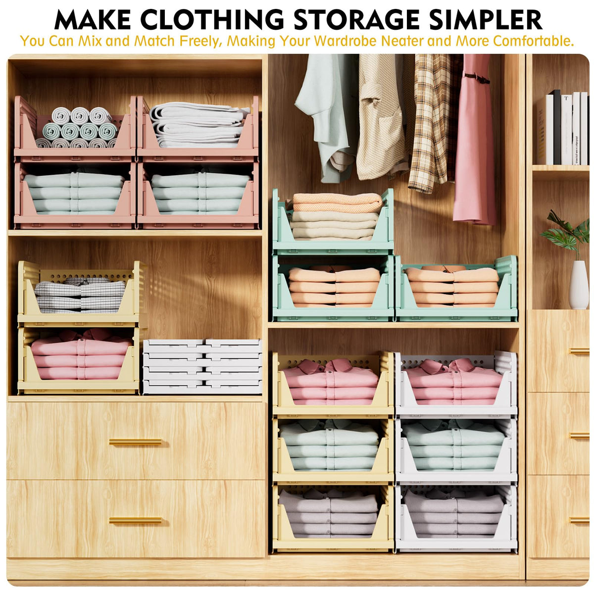 SNSLXH Foldable Stackable Closet Organizer Boxes, White (5 Pack)