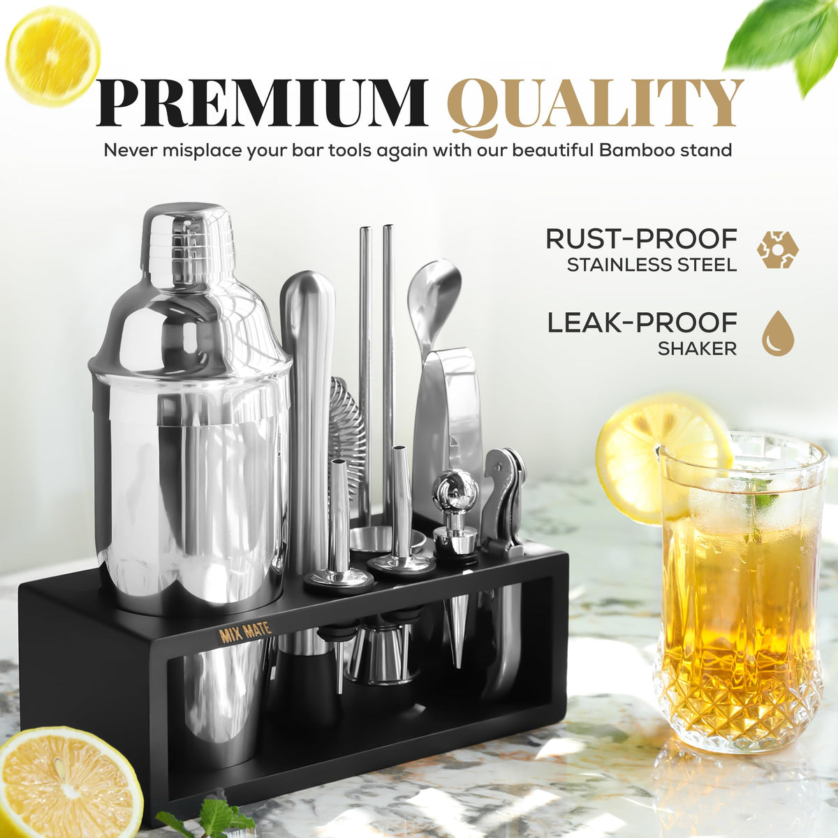 Mixology Bartender Kit with Stand, 15 Piece Bar Tool Set, Silver