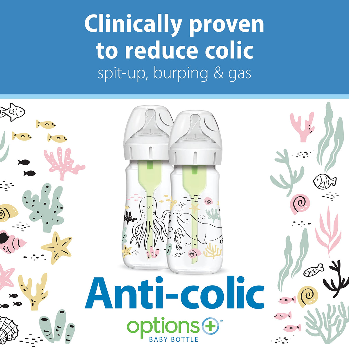 Dr. Brown's Natural Flow Anti-Colic Baby Bottles, Ocean Decos, 2 Pack